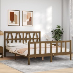 Double bed frame with honey brown wooden headboard by vidaXL, Beds and slatted bases - Ref: Foro24-3192499, Price: 171,99 €, ...