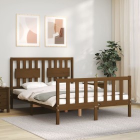 Double bed frame with honey brown wooden headboard by vidaXL, Beds and slatted bases - Ref: Foro24-3192399, Price: 139,99 €, ...