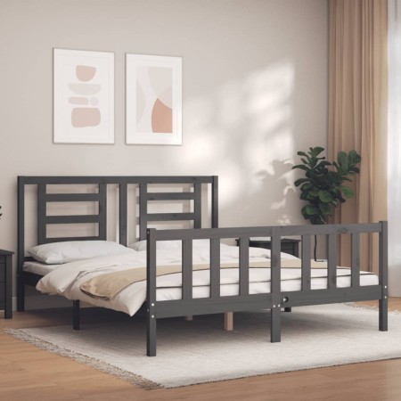 Gray solid wood bed frame with headboard 160x200 cm by vidaXL, Beds and slatted bases - Ref: Foro24-3192893, Price: 153,99 €,...