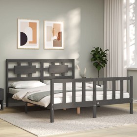 Gray solid wood bed frame with headboard 160x200 cm by vidaXL, Beds and slatted bases - Ref: Foro24-3192568, Price: 165,56 €,...