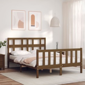 Honey brown solid wood bed frame and headboard 140x200 cm by vidaXL, Beds and slatted bases - Ref: Foro24-3193014, Price: 165...