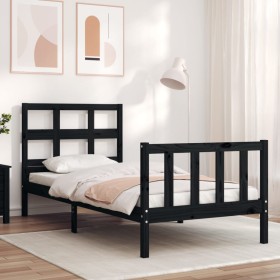 Estructura de cama individual con cabecero madera maciza negro de vidaXL, Camas y somieres - Ref: Foro24-3192975, Precio: 127...