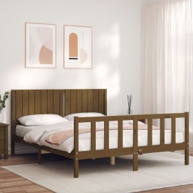 Double bed frame with honey brown wooden headboard by vidaXL, Beds and slatted bases - Ref: Foro24-3192954, Price: 163,45 €, ...