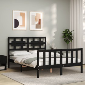 Double bed frame with black solid wood headboard by vidaXL, Beds and slatted bases - Ref: Foro24-3192530, Price: 170,21 €, Di...