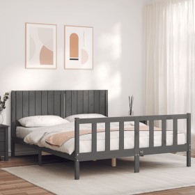 Gray solid wood bed frame with headboard 160x200 cm by vidaXL, Beds and slatted bases - Ref: Foro24-3192958, Price: 186,99 €,...