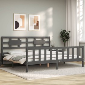 Gray solid wood bed frame with headboard 200x200 cm by vidaXL, Beds and slatted bases - Ref: Foro24-3192578, Price: 173,99 €,...