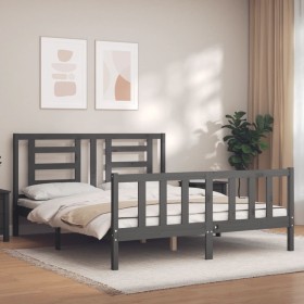 Estructura de cama matrimonio con cabecero madera maciza gris de vidaXL, Camas y somieres - Ref: Foro24-3192888, Precio: 159,...