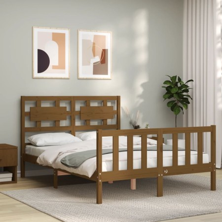 Double bed frame with honey brown wooden headboard by vidaXL, Beds and slatted bases - Ref: Foro24-3192529, Price: 140,97 €, ...