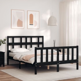 Estructura de cama con cabecero madera maciza negro 140x190 cm de vidaXL, Camas y somieres - Ref: Foro24-3192995, Precio: 172...