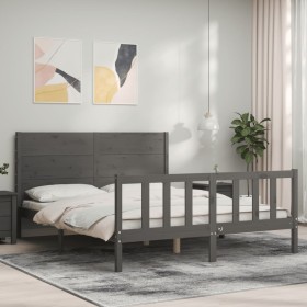 Estructura de cama matrimonio con cabecero madera maciza gris de vidaXL, Camas y somieres - Ref: Foro24-3192758, Precio: 180,...