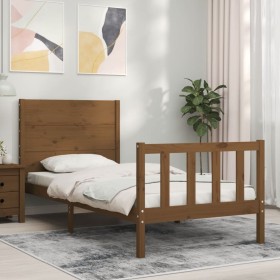 Estructura de cama con cabecero madera maciza marrón miel de vidaXL, Camas y somieres - Ref: Foro24-3192714, Precio: 116,99 €...