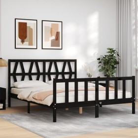 Double bed frame with black solid wood headboard by vidaXL, Beds and slatted bases - Ref: Foro24-3192500, Price: 186,22 €, Di...