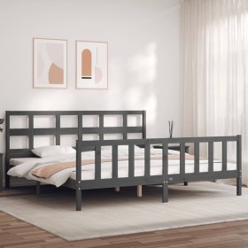 Double bed frame with gray solid wood headboard by vidaXL, Beds and slatted bases - Ref: Foro24-3193028, Price: 164,54 €, Dis...