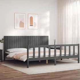 Gray solid wood bed frame with headboard 200x200 cm by vidaXL, Beds and slatted bases - Ref: Foro24-3192968, Price: 189,49 €,...