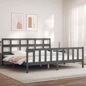 Gray solid wood bed frame with headboard 200x200 cm by vidaXL, Beds and slatted bases - Ref: Foro24-3193033, Price: 167,99 €,...