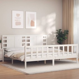 Double bed frame with white solid wood headboard by vidaXL, Beds and slatted bases - Ref: Foro24-3192832, Price: 170,92 €, Di...