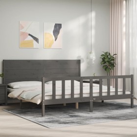 Gray solid wood bed frame with headboard 200x200 cm by vidaXL, Beds and slatted bases - Ref: Foro24-3192773, Price: 189,99 €,...