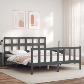 Double bed frame with gray solid wood headboard by vidaXL, Beds and slatted bases - Ref: Foro24-3193018, Price: 159,99 €, Dis...