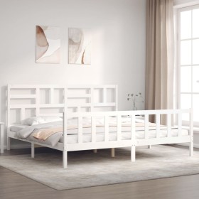 Double bed frame with white solid wood headboard by vidaXL, Beds and slatted bases - Ref: Foro24-3193092, Price: 154,09 €, Di...