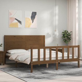 Double bed frame with honey brown wooden headboard by vidaXL, Beds and slatted bases - Ref: Foro24-3192759, Price: 173,99 €, ...