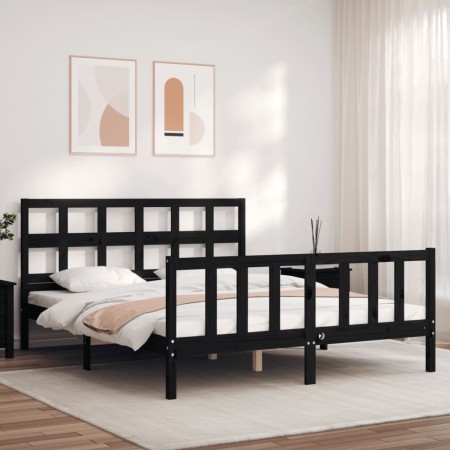 Bed frame with black solid wood headboard 160x200 cm by vidaXL, Beds and slatted bases - Ref: Foro24-3193025, Price: 180,29 €...