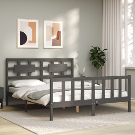 Double bed frame with gray solid wood headboard by vidaXL, Beds and slatted bases - Ref: Foro24-3192563, Price: 175,73 €, Dis...