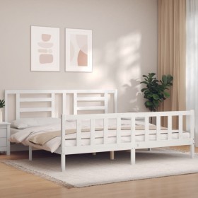 Double bed frame with white solid wood headboard by vidaXL, Beds and slatted bases - Ref: Foro24-3192897, Price: 157,99 €, Di...