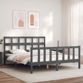 Gray solid wood bed frame with headboard 160x200 cm by vidaXL, Beds and slatted bases - Ref: Foro24-3193023, Price: 154,99 €,...