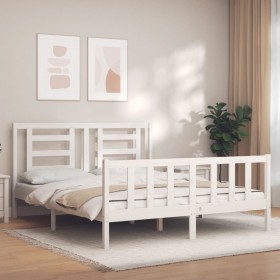 White solid wood bed frame with headboard 160x200 cm by vidaXL, Beds and slatted bases - Ref: Foro24-3192892, Price: 151,67 €...