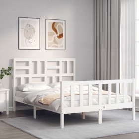 Double bed frame with white solid wood headboard by vidaXL, Beds and slatted bases - Ref: Foro24-3193047, Price: 141,46 €, Di...