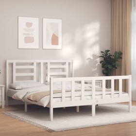 Double bed frame with white solid wood headboard by vidaXL, Beds and slatted bases - Ref: Foro24-3192887, Price: 138,99 €, Di...