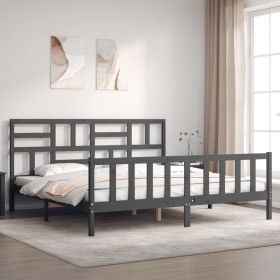 Gray solid wood bed frame with headboard 200x200 cm by vidaXL, Beds and slatted bases - Ref: Foro24-3193098, Price: 167,94 €,...