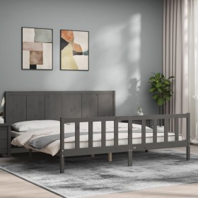 Gray solid wood bed frame with headboard 200x200 cm by vidaXL, Beds and slatted bases - Ref: Foro24-3192643, Price: 185,99 €,...