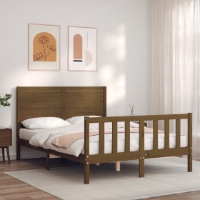 Double bed frame with honey brown wooden headboard by vidaXL, Beds and slatted bases - Ref: Foro24-3193179, Price: 146,99 €, ...