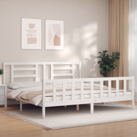 White solid wood bed frame with headboard 200x200 cm by vidaXL, Beds and slatted bases - Ref: Foro24-3192902, Price: 152,99 €...