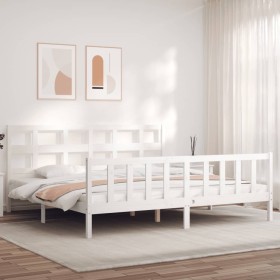 White solid wood bed frame with headboard 200x200 cm by vidaXL, Beds and slatted bases - Ref: Foro24-3193032, Price: 152,99 €...