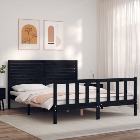 Bed frame with black solid wood headboard 160x200 cm by vidaXL, Beds and slatted bases - Ref: Foro24-3193220, Price: 210,36 €...