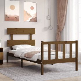 Honey brown solid wood bed frame with headboard 90x200cm by vidaXL, Beds and slatted bases - Ref: Foro24-3193259, Price: 113,...