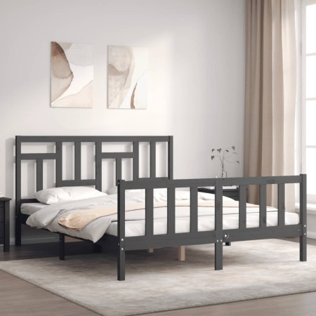 Double bed frame with gray solid wood headboard by vidaXL, Beds and slatted bases - Ref: Foro24-3193148, Price: 161,98 €, Dis...