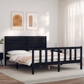 Double bed frame with black solid wood headboard by vidaXL, Beds and slatted bases - Ref: Foro24-3193215, Price: 235,99 €, Di...