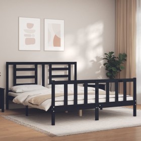 Double bed frame with black solid wood headboard by vidaXL, Beds and slatted bases - Ref: Foro24-3192890, Price: 184,99 €, Di...