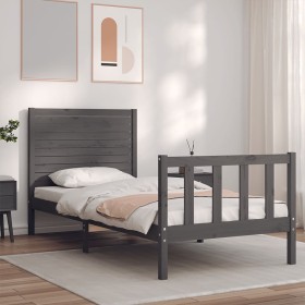 Gray solid wood bed frame with headboard 100x200 cm by vidaXL, Beds and slatted bases - Ref: Foro24-3193198, Price: 132,99 €,...