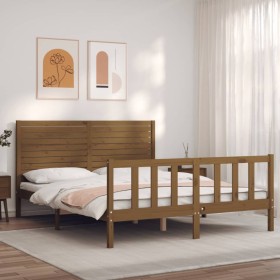 Double bed frame with honey brown wooden headboard by vidaXL, Beds and slatted bases - Ref: Foro24-3193214, Price: 195,99 €, ...