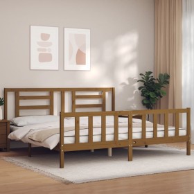 Estructura de cama con cabecero madera maciza marrón miel de vidaXL, Camas y somieres - Ref: Foro24-3192899, Precio: 170,99 €...