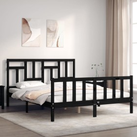 Double bed frame with black solid wood headboard by vidaXL, Beds and slatted bases - Ref: Foro24-3193150, Price: 207,99 €, Di...