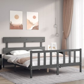 Double bed frame with gray solid wood headboard by vidaXL, Beds and slatted bases - Ref: Foro24-3193278, Price: 157,01 €, Dis...