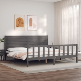 Gray solid wood bed frame with headboard 200x200 cm by vidaXL, Beds and slatted bases - Ref: Foro24-3193228, Price: 184,99 €,...