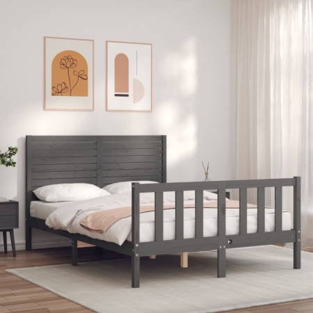 Double bed frame with gray solid wood headboard by vidaXL, Beds and slatted bases - Ref: Foro24-3193178, Price: 174,99 €, Dis...