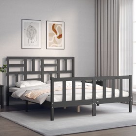 Estructura de cama con cabecero madera maciza gris 160x200 cm de vidaXL, Camas y somieres - Ref: Foro24-3193088, Precio: 162,...