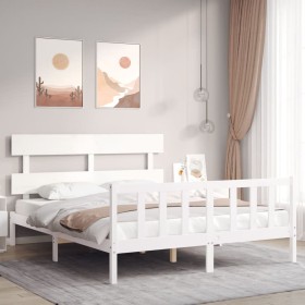 Double bed frame with white solid wood headboard by vidaXL, Beds and slatted bases - Ref: Foro24-3193277, Price: 131,99 €, Di...